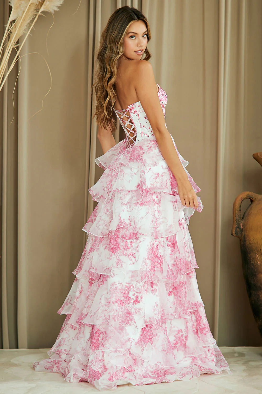 Print Strapless Tiered Gown by Amelia Couture 2060