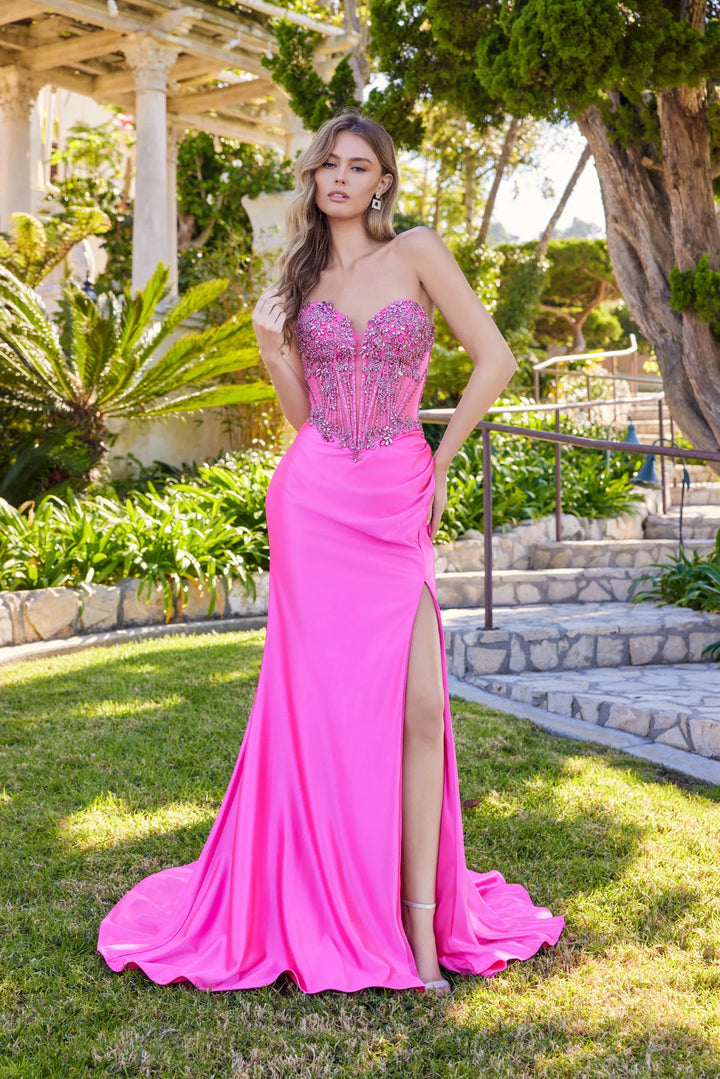 Beaded Fitted Strapless Slit Gown by Juliet JT2648K
