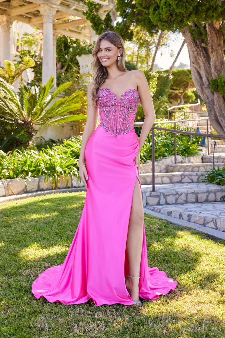 Beaded Fitted Strapless Slit Gown by Juliet JT2648K