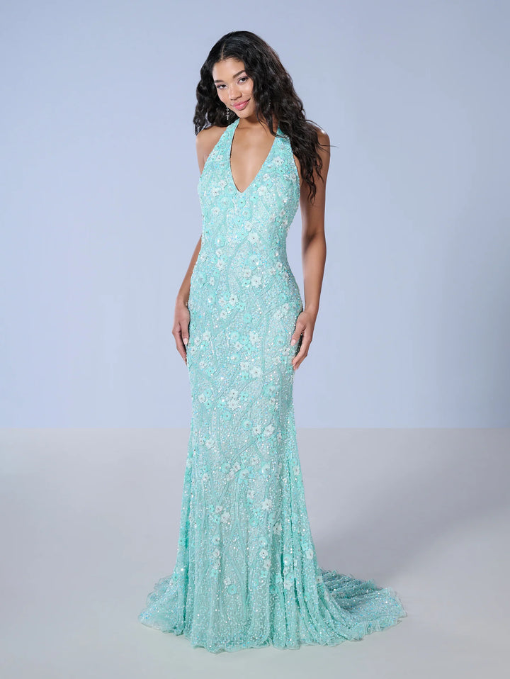 Floral Beaded Fitted Halter Gown by Tiffany Designs 16141