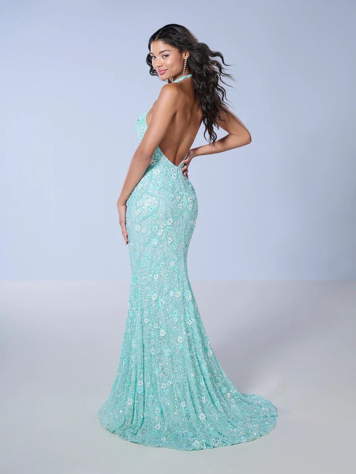 Floral Beaded Fitted Halter Gown by Tiffany Designs 16141