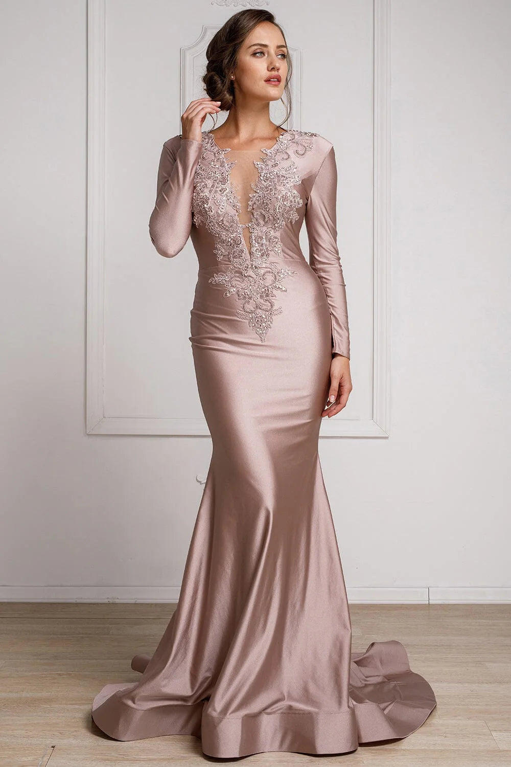 Applique Long Sleeve Lycra Gown by Amelia Couture 382 Elegance Gowns Applique Long Sleeve Lycra Gown by Amelia Couture 382 Elegance Gowns