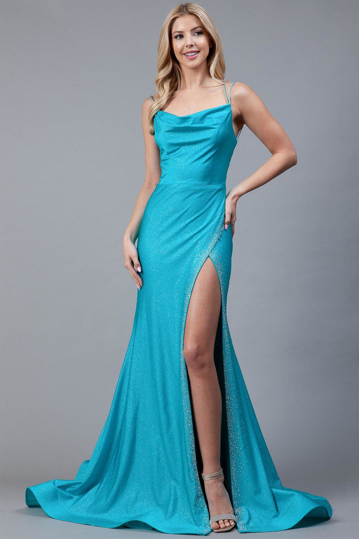 Glitter Fitted Cowl Neck Slit Gown by Amelia Couture 399