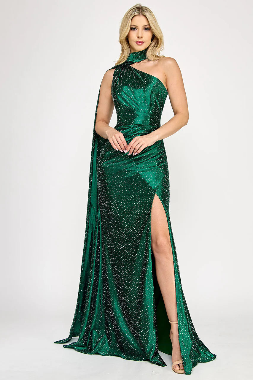 Beaded Fitted One Shoulder Slit Gown by Lenovia 8393