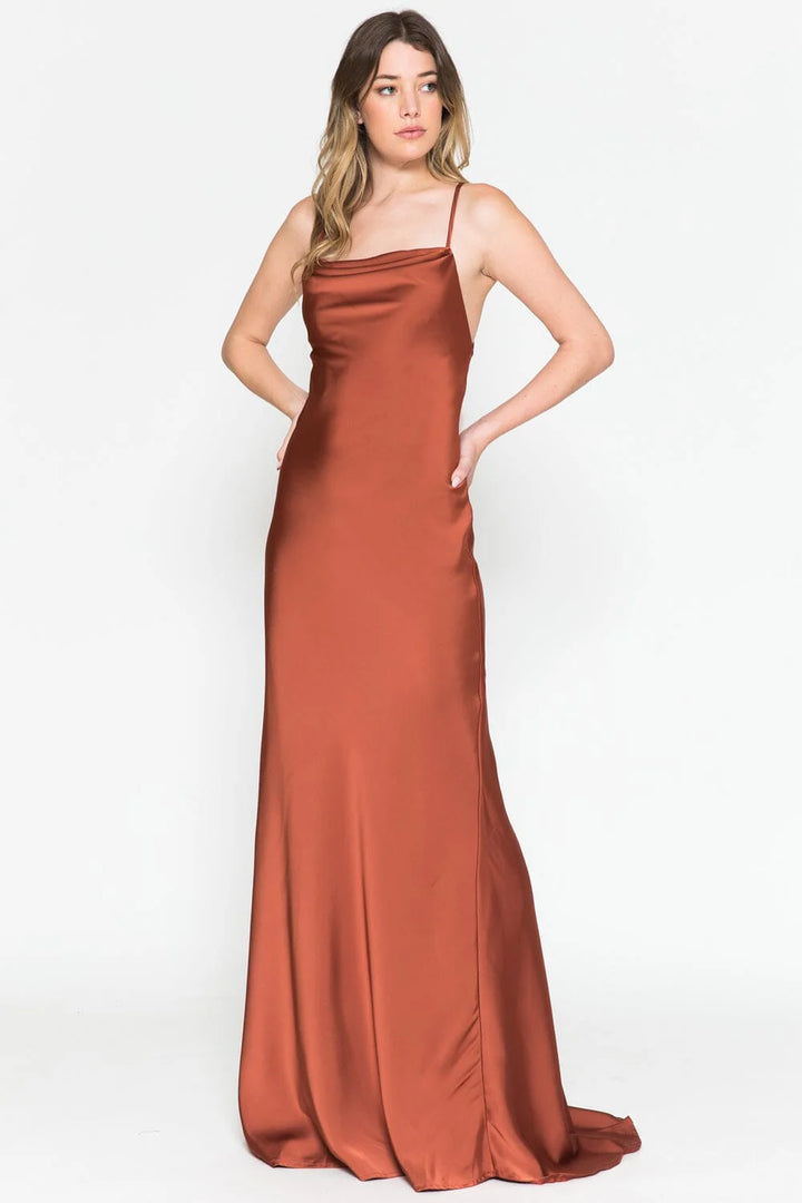 Satin Long Sleeveless Cowl Dress by Amelia Couture 6111