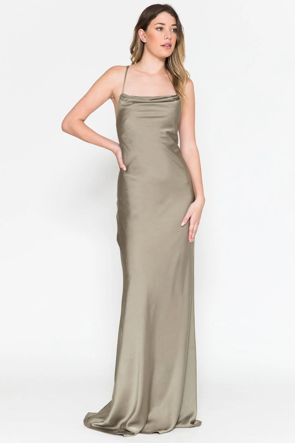 Satin Long Sleeveless Cowl Dress by Amelia Couture 6111
