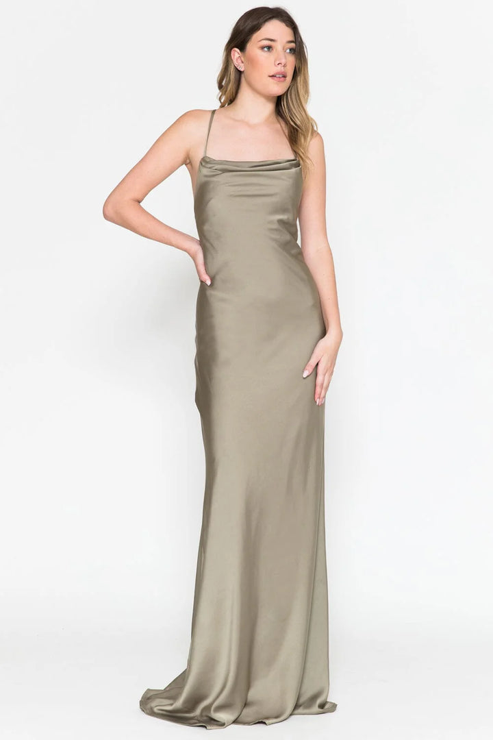 Satin Long Sleeveless Cowl Dress by Amelia Couture 6111