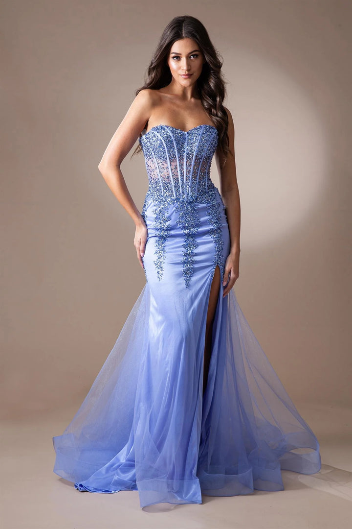 Fitted Beaded Strapless Slit Gown by Amelia Couture 7051