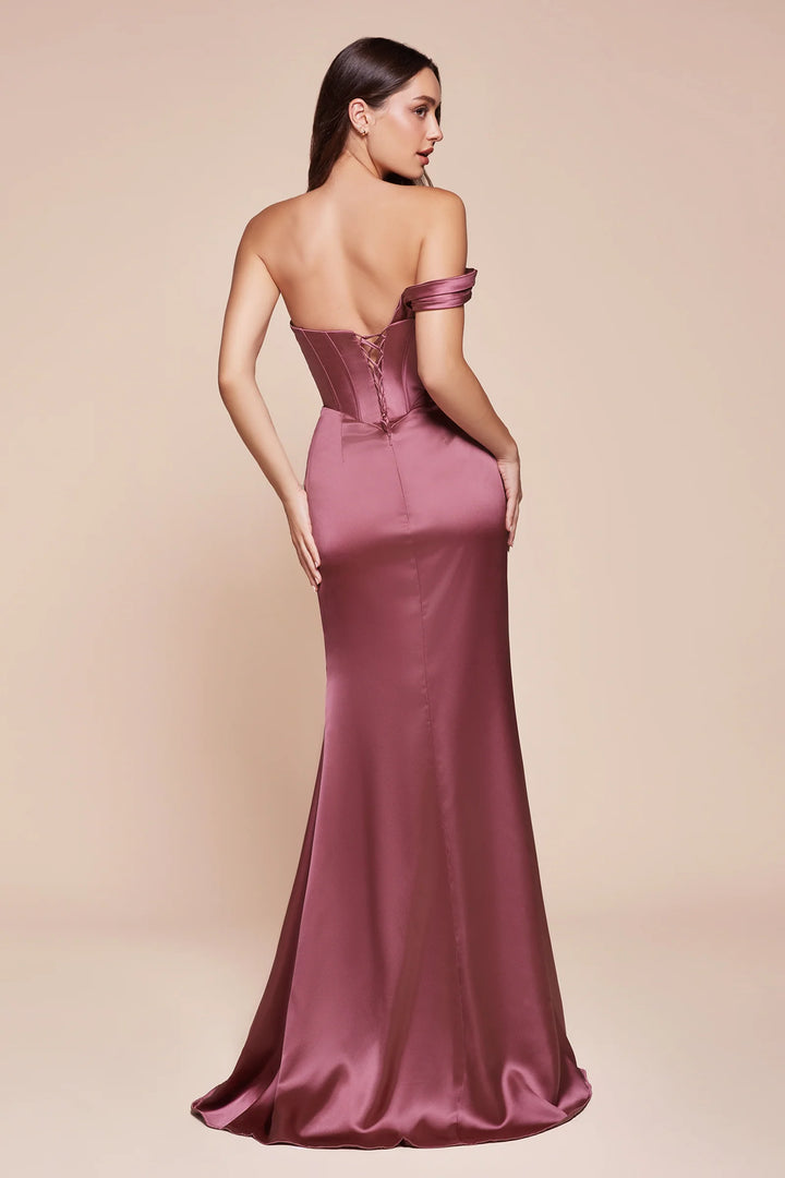 Satin Fitted One Shoulder Slit Gown by Ladivine 7448