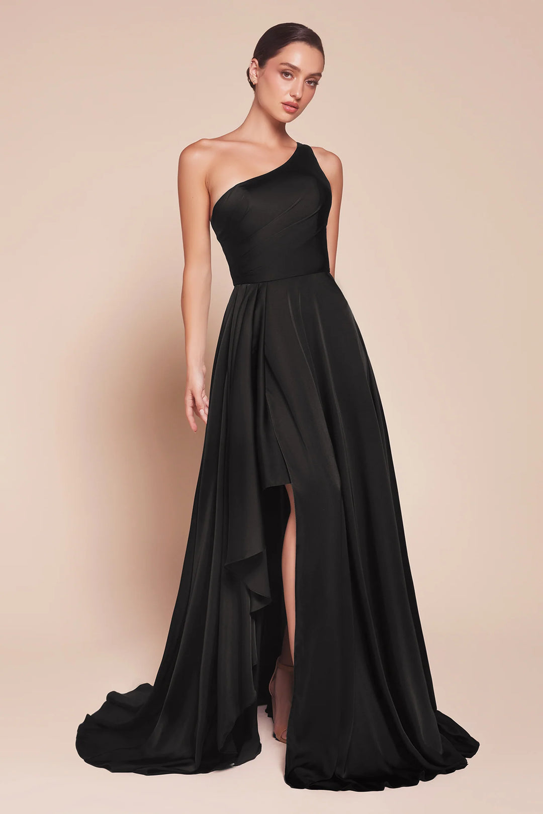 Satin One Shoulder A-line Slit Gown by Ladivine 7450