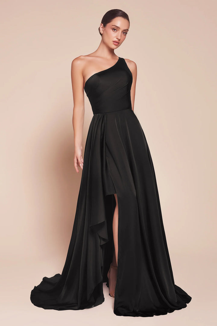 Satin One Shoulder A-line Slit Gown by Ladivine 7450