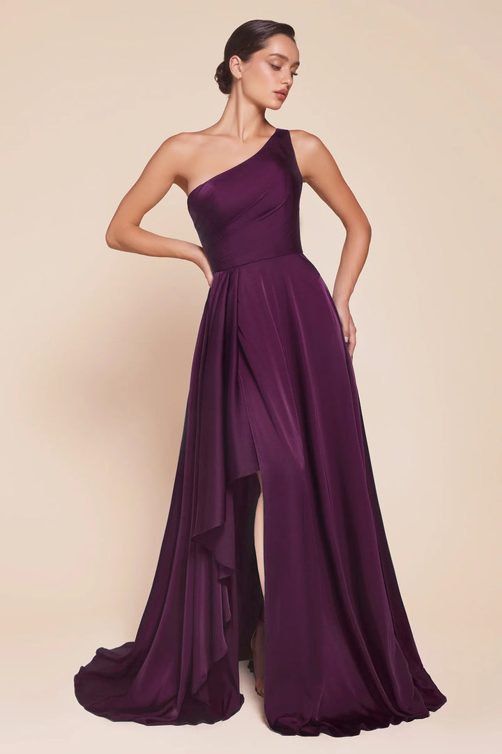 Satin One Shoulder A-line Slit Gown by Ladivine 7450