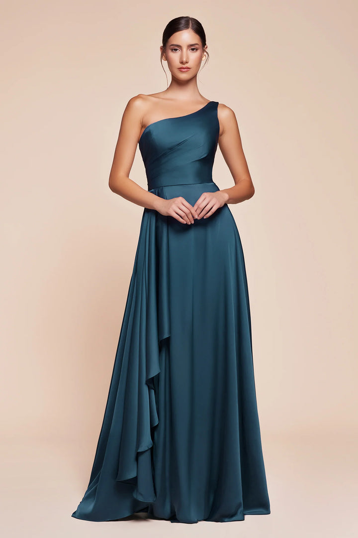 Satin One Shoulder A-line Slit Gown by Ladivine 7450