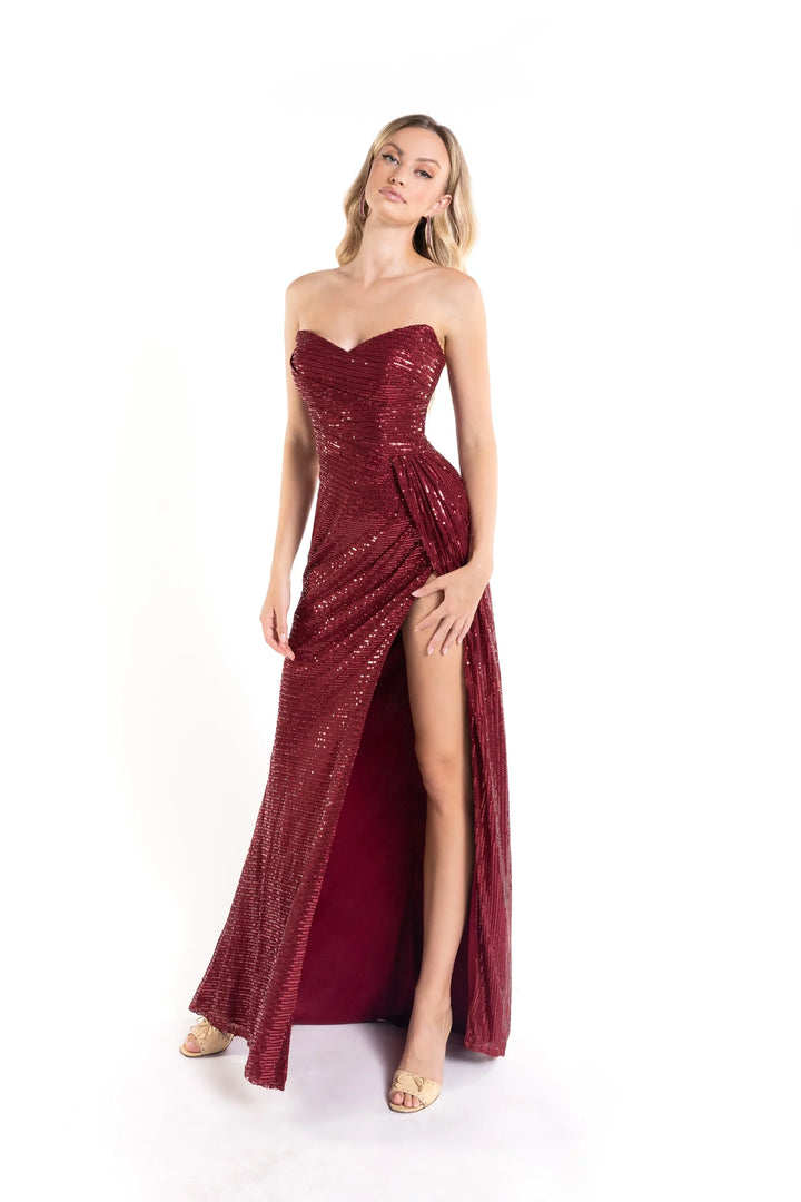 Sequin Fitted Strapless Slit Gown by Abby Paris 90160