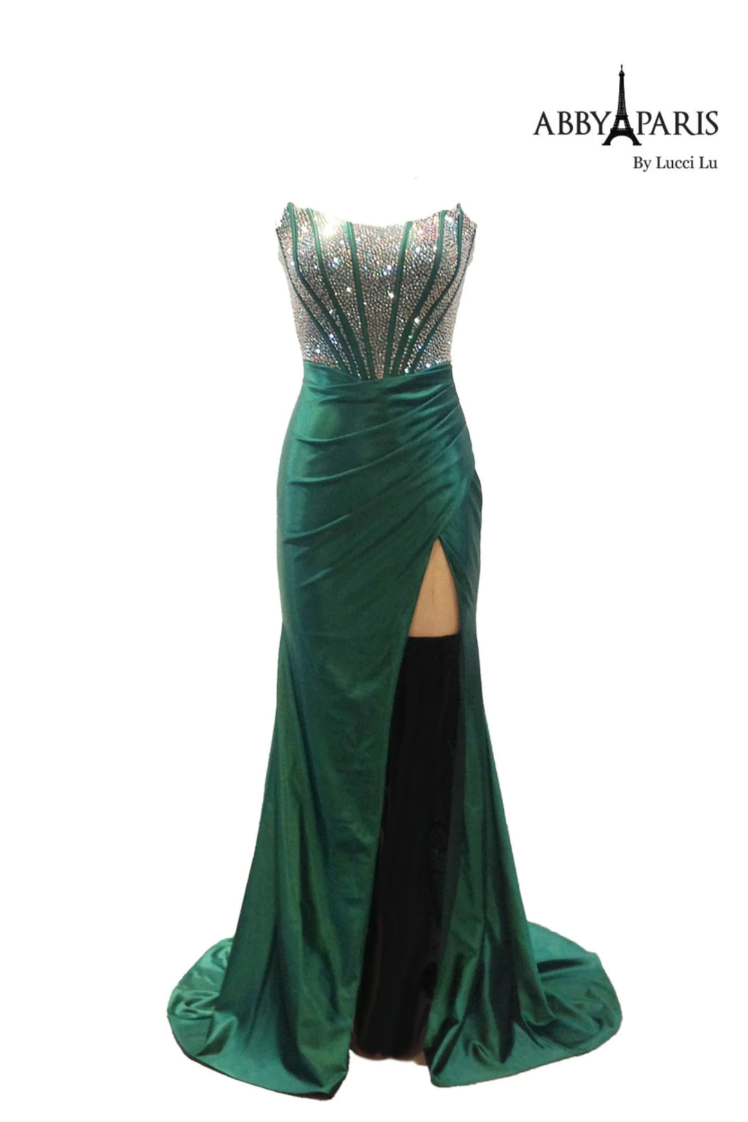 Beaded Fitted Strapless Slit Gown by Abby Paris 90255