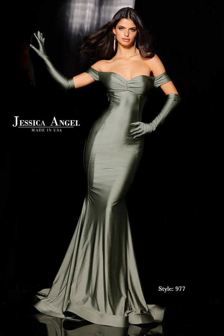 Jersey Fitted Off Shoulder Gown by Jessica Angel 977