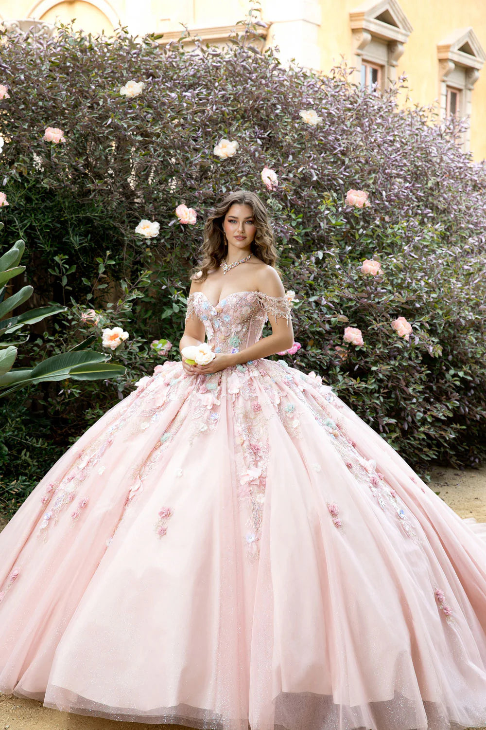 3D Floral Off Shoulder Ball Gown by Petite Adele PQ1096
