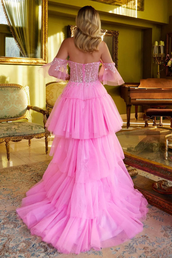 Heart Beaded Off Shoulder High Low Gown by GLS Gloria GL3396